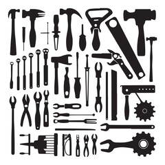 Silhouette Vector of Hand Tools Set, Hammer, Wrench, Screwdriver, Saw, Drill, Spanner for Construction and Repair