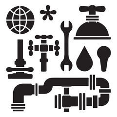 Plumbing Tools and Equipment Silhouette Vector, Pipe, Faucet, Drop, Wrench, Valve and Fittings Icon Set