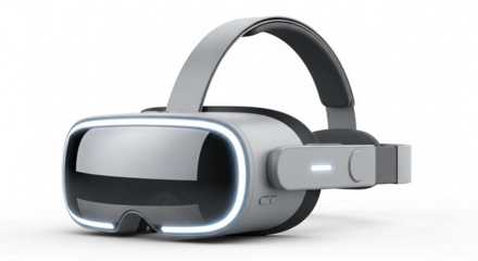 Sleek Gray VR Headset with Illuminated Trim and Headband Detail.