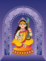 Saraswati Maa with veena and swan illustration on a white background