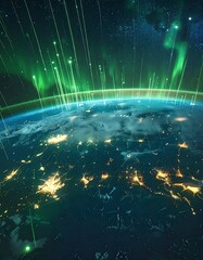 Earth at night with glowing green rays