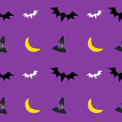 A seamless Halloween pattern featuring pumpkins, bats, ghosts, and spooky elements in festive colors. Perfect for seasonal backgrounds and decorations.