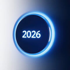 Blue illuminated start button year 2026 with white background with copy space - 3D illustration