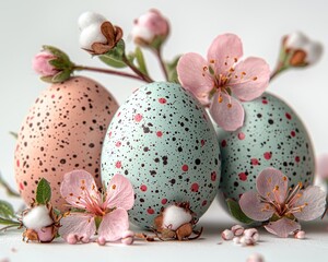 Easter eggs adorned with pastel flowers and blossoms.  Soft, spring colors