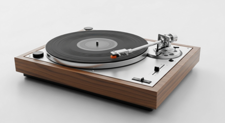 Vintage Wooden Turntable with Silver Platter and Tonearm.