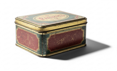 Vintage Rectangular Tin Box with Ornate Red and Green Design.