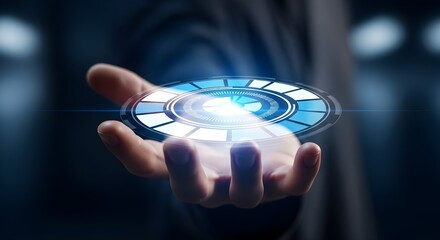 Hand Presenting Blue Circular Holographic AI Interface