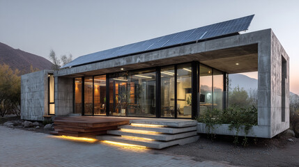 Modern concrete house with solar panels illuminated steps and mountain view at dusk