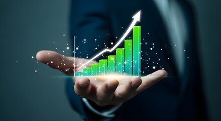 Business Hand Holding Glowing Green Growth Chart Hologram