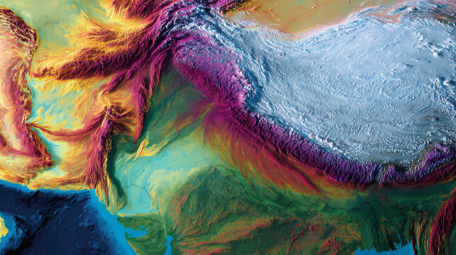 Colorful topographic map of Central Asia showcasing mountains plateaus and plains