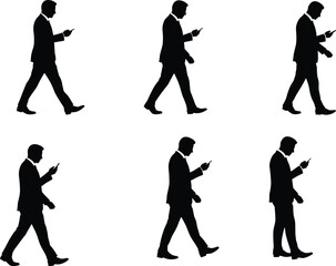 Businessman silhouette walking with smartphone, modern lifestyle concept, mobile phone addiction, digital distraction, technology dependence, urban professional communication, work life balance