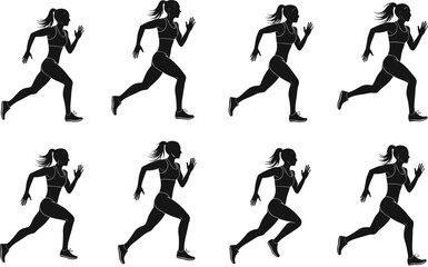 Running woman silhouette, female athlete motion, jogging cycle illustration, fitness training, sport activity, marathon runner, exercise design, health lifestyle, vector art