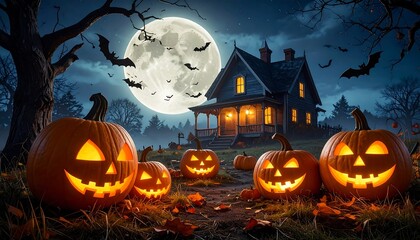 Halloween night scene with glowing jack-o'-lanterns, a spooky house, bats, and a full moon