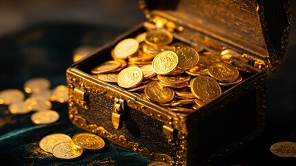 Open treasure chest filled with gold coins sitting on a dark surface.