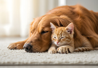 Sleeping Cat and Dog Together &mdash; Cozy Pets on Carpet, Adorable Friendship