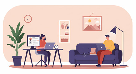 Flat Vector Illustration of Work From Home Lifestyle Scene
