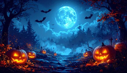 Halloween Night Scene with Pumpkins, Moon, and Bats.
