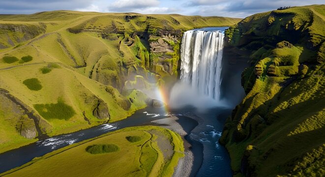 Majestic waterfall cascades down moss covered cliffs with a rainbow in the mist