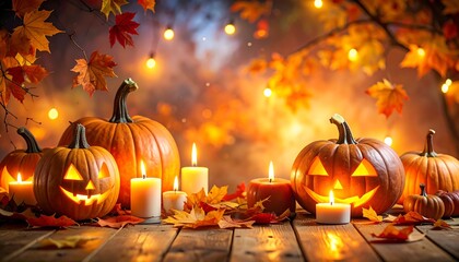 Halloween pumpkins with carved faces and glowing candles on a wooden surface, fall foliage backdrop with warm lighting