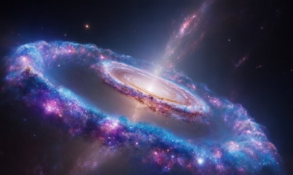 A swirling galaxy, vibrant with nebulae and star clusters, in deep space.  A luminous central core is surrounded by swirling, colorful gas clouds.  Cosmic dust and light streams radiate outwards