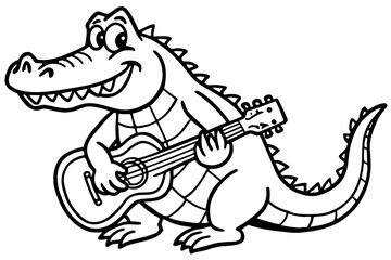 Fototapeta premium Funny Crocodile Playing Guitar – Coloring Book Vector Page