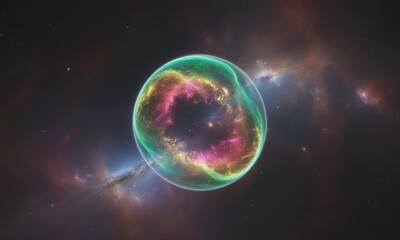 Fototapeta premium A vibrant, glowing sphere in deep space, filled with swirling colors. Abstract nebulae surround it
