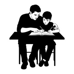 Father teaching son writing book