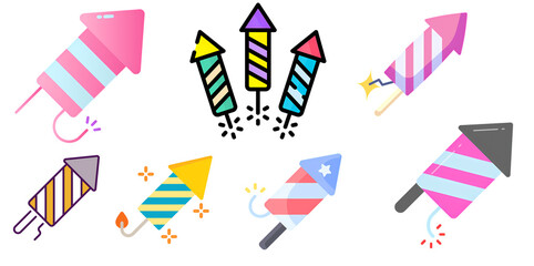 Set of colorful fireworks rockets for festive celebrations and New Year's Eve events, rocket set pack isolated on transparent background
