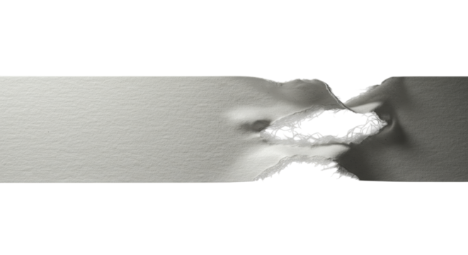 Extreme close-up of white masking tape with a sharply torn, frayed end and glossy adhesive sheen, isolated on transparent, raking studio light, concept of intricate material detail