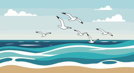 Seagulls flying over the ocean a vector illustration of a coastal scene perfect for travel and vacation themes