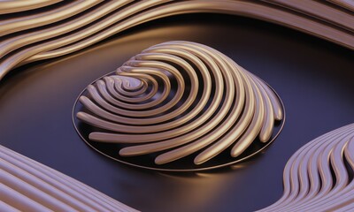 Abstract 3D render of concentric, undulating metallic forms on a dark background