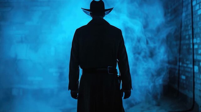 A man wearing a cowboy hat and long black coat, standing outdoors