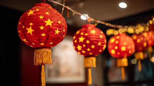 A string of festive red lanterns, adorned with golden stars, hangs in a warm indoor space.