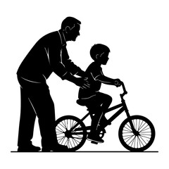 Obraz premium Man teaching boy to ride bicycle father riding