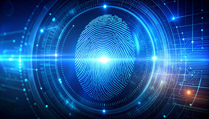 Obraz premium Digital Fingerprint: A digital rendering of a fingerprint glows within an intricate network of glowing lines, embodying security and innovation in a striking blue palette. 
