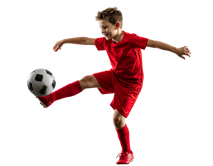 Energetic Young Soccer Player in Red Uniform PNG