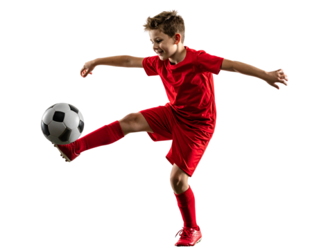 Energetic Young Soccer Player in Red Uniform PNG