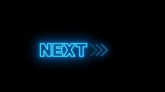 Neon glowing blue color Next text with arrow 4k video animation on black background. neon typography text next logo animation, wordmark next symbol video animation.
