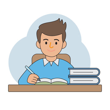 A young boy is studying and writing in a notebook, with a stack of books beside him. This illustration represents themes of education, learning, and knowledge. 