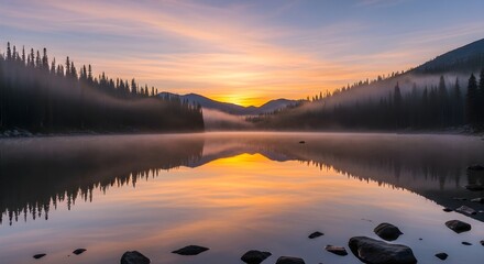 Serene mountain lake at sunrise with fog rolling over evergreen trees and reflections