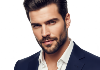 Handsome man with stylish haircut and well-groomed beard wearing a blazer and open collar shirt transparent background