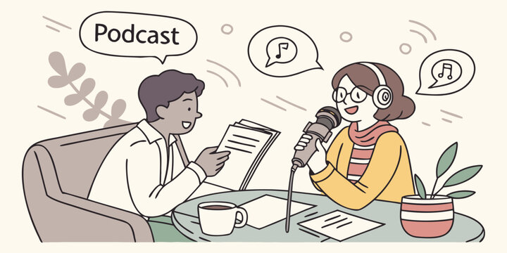 Dynamic podcasting session with engaging hosts, radiating collaborative energy and vibrant discussion, perfect for modern media, audio content creation, and creative collaboration