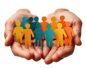 Hands holding a group of colorful paper cutouts of people