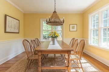 Dining room with wooden table chairs chandelier yellow walls and natural light.