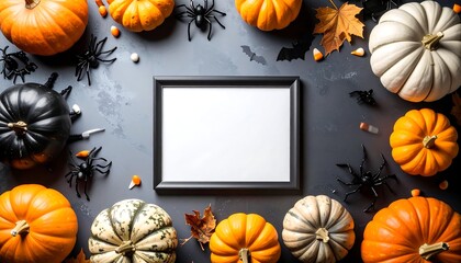 Halloween-themed flat lay. Pumpkins, spiders, leaves, and candy corn surround a blank frame on a dark grey background