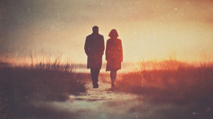 Silhouette of couple walking together at sunset Dramatic lighting style Beach background Vintage filter effect