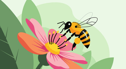 Cartoon Bee Collecting Nectar From Pink Flower With Green Leaves Background