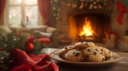 Warm Christmas atmosphere featuring chocolate chip cookies by the fireplace