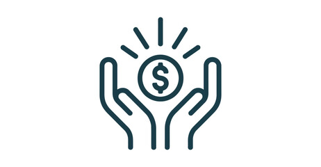  financial support icon with cupped hands holding dollar coin and radiating lines on white background for savings, charity, and investment themes