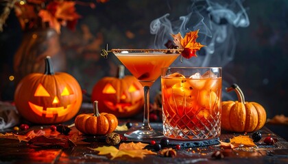 Halloween-themed still life featuring two cocktails, carved pumpkins, and autumn foliage, with selective focus, and atmospheric smoke